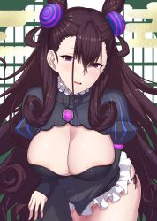 Rule 34 | 1girl, ao banana, arm under breasts, black dress, blush, breasts, brown hair, cleavage cutout, clothing cutout, cone hair bun, double bun, dress, fate/grand order, fate (series), frills, hair between eyes, hair bun, hair ornament, highres, hip focus, large breasts, leaning forward, long hair, long sleeves, looking at viewer, murasaki shikibu (fate), open mouth, puffy sleeves, purple eyes, ribbed dress, solo, thighs, two side up, very long hair
