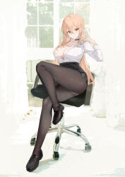 Rule 34 | 1girl, absurdres, azur lane, black choker, black footwear, black panties, black pantyhose, black skirt, blonde hair, breasts, chair, choker, cleavage, full body, hair between eyes, high-waist skirt, highres, huge breasts, implacable (azur lane), implacable (shepherd of the &quot;lost&quot;) (azur lane), long hair, long sleeves, miniskirt, office chair, office lady, official alternate costume, panties, panties under pantyhose, pantyhose, partially unbuttoned, pencil skirt, red eyes, shirt, shirt tucked in, shoes, sitting, skirt, solo, suo bu ye feng, swivel chair, underwear, white shirt