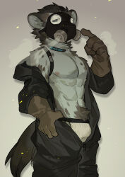 Rule 34 | 1boy, abs, absurdres, arknights, black jumpsuit, brown gloves, chinese commentary, commentary request, furry, furry male, gas mask, gloves, grey background, highres, hyena boy, hyena ears, hyena tail, infection monitor (arknights), jumpsuit, looking at viewer, male focus, mask, milkybot, partially undressed, pectorals, pointing, pointing at self, spot (arknights), thumb in beltline