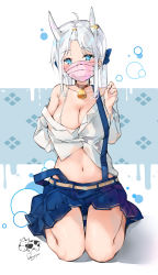Rule 34 | 1girl, ahoge, bare shoulders, bell, bikini, blue eyes, blue skirt, breasts, cleavage, collarbone, collared shirt, commentary request, dema hmw, dress shirt, full body, hand up, highres, horns, jingle bell, large breasts, long hair, long sleeves, looking at viewer, mask, mouth mask, navel, off shoulder, original, parted bangs, pleated skirt, shirt, signature, silver hair, sitting, skirt, solo, surgery, surgical mask, suspender skirt, suspenders, swimsuit, wariza, white bikini, white shirt