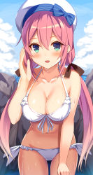 Rule 34 | 1girl, bare arms, bare shoulders, beret, bikini, bow, breasts, cleavage, collarbone, cowboy shot, day, front-tie bikini top, front-tie top, green eyes, hair bow, halterneck, hand on own thigh, hand up, hat, highres, long hair, looking at viewer, low twintails, medium breasts, navel, open mouth, original, outdoors, pink hair, side-tie bikini bottom, smile, solo, stomach, string bikini, swimsuit, thighs, twintails, very long hair, wet, white bikini, white hat, yuuki yuu