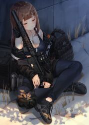 Rule 34 | 1girl, absurdres, black footwear, black jacket, black pants, blunt bangs, breasts, brown hair, camouflage, cleavage, closed eyes, commentary, commission, crop top, dog tags, english commentary, enpera (jdud8375), full body, gun, highres, holster, indian style, jacket, jacket partially removed, knee pads, load bearing vest, long sleeves, medium breasts, medium hair, on ground, open clothes, open jacket, original, outdoors, pants, parted lips, sitting, solo, thigh holster, unworn vest, weapon