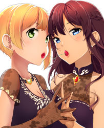 Rule 34 | 2girls, bad id, bad pixiv id, blonde hair, blue eyes, blush, braid, breast press, breasts, brown gloves, brown hair, cherry, cleavage, commentary request, fishnet gloves, fishnets, food, french braid, fruit, gloves, green eyes, ichinose shiki, idolmaster, idolmaster cinderella girls, jewelry, long hair, looking at viewer, medium breasts, miyamoto frederica, mouth hold, multiple girls, necklace, see-through, shachi kamaboko, shared food, short hair, simple background, symmetrical docking, unmoving pattern, white background
