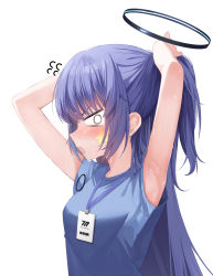 Rule 34 | 1girl, absurdres, arms up, blue archive, blue shirt, blush, breasts, facial mark, flying sweatdrops, hair tie, halo, highres, lanyard, lisu, long hair, looking at viewer, looking to the side, medium breasts, open mouth, ponytail, purple hair, shirt, short sleeves, simple background, solo, star (symbol), sweat, tying hair, upper body, very long hair, white background, yuuka (blue archive), yuuka (track) (blue archive)