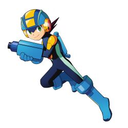 Rule 34 | 1boy, android, arm cannon, blue bodysuit, blue footwear, blue gloves, bodysuit, boots, full body, gloves, green eyes, helmet, highres, looking at viewer, male focus, mega man (series), mega man battle network (series), megaman.exe, poshino pikari, smile, solo, transparent background, weapon