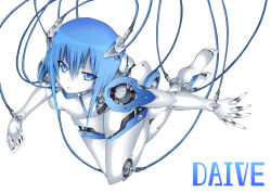 Rule 34 | 1girl, android, barefoot, blue eyes, blue hair, cable, daive, joints, matching hair/eyes, pale skin, robot, robot joints, short hair, solo, wire