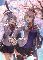 Rule 34 | 2girls, :d, bag, black legwear, black skirt, blue eyes, blue sweater, blurry, blurry background, bow, bowtie, cherry blossoms, day, detached sleeves, duffel bag, earrings, fate/grand order, fate (series), grey jacket, hair ornament, hair scrunchie, high ponytail, highres, holding hands, index finger raised, jacket, jewelry, long hair, long sleeves, looking at viewer, looking back, mashuu (neko no oyashiro), miniskirt, miyamoto musashi (fate), multiple girls, open clothes, open jacket, open mouth, outdoors, pink hair, red bow, red eyes, red neckwear, red ribbon, ribbon, school uniform, scrunchie, skirt, smile, sun, sunlight, sweater, swept bangs, thighhighs, tomoe gozen (fate), tree, unbuttoned, weapon bag, zettai ryouiki