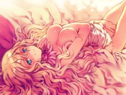 Rule 34 | 1girl, blonde hair, blush, breasts, censored, corset, female focus, fianna mellowa, flower, frills, large breasts, littlewitch, long hair, nipples, ooyari ashito, shoujo mahou gaku littlewitch romanesque, solo, thighhighs