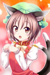 Rule 34 | 1girl, animal ears, bow, brown hair, cat ears, cat tail, chen, earrings, fang, hat, highres, jewelry, multiple tails, open mouth, paw pose, reimei (r758120518), short hair, solo, tail, touhou