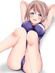 Rule 34 | 1girl, armpits, arms behind head, ass, blue eyes, blue one-piece swimsuit, breasts, cameltoe, collarbone, competition swimsuit, covered erect nipples, feet out of frame, grey hair, hair between eyes, highres, kamesys, looking at viewer, love live!, love live! sunshine!!, lying, medium breasts, one-piece swimsuit, shadow, short hair, simple background, smile, solo, swimsuit, watanabe you, white background