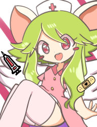 Rule 34 | 1girl, animal ears, bandaid, blush stickers, breasts, green hair, hat, highres, mad rat dead, mouse (animal), mouse ears, mouse girl, nippon ichi, nurse, nurse cap, rat god, red eyes, syringe, thighhighs, wings