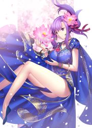 Rule 34 | 1girl, arrow (tamawo222), bead necklace, beads, bracelet, breasts, closed mouth, earrings, fate/grand order, fate (series), flower, folded ponytail, hair flower, hair ornament, hair ribbon, highres, impossible clothes, indian clothes, jewelry, large breasts, lotus, matou sakura, necklace, parvati (fate), purple eyes, purple hair, red ribbon, ribbon, short sleeves, smile, solo, thighs