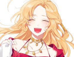 Rule 34 | 1girl, blonde hair, blush, crying, closed eyes, h23srpnddnpuwws, holding hands, jewelry, long hair, lord of heroes, lumie miratisa, lumie miratisa (fire), necklace, pale skin, pov, pov hands, red shirt, shirt, smile
