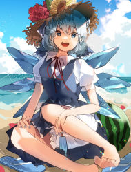 Rule 34 | 1girl, absurdres, barefoot, bloomers, blue bow, blue dress, blue eyes, blue footwear, blue hair, blue sky, bow, bowtie, brown hat, cirno, cloud, cloudy sky, collar, dress, flower, food, fruit, hair between eyes, hat, higa (gominami), highres, ice, ice cream, ice wings, leaf, light, looking at viewer, ocean, open mouth, pants, puffy short sleeves, puffy sleeves, red bow, red bowtie, red flower, sand, shadow, shirt, short hair, short sleeves, sitting, sky, slippers, smile, solo, sunflower, sunlight, touhou, underwear, water, watermelon, white pants, white shirt, wings, yellow flower