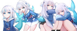 Rule 34 | 1girl, absurdres, animal costume, ass, black panties, black socks, blue hair, blue hoodie, blue nails, blunt bangs, breasts, fins, fish tail, gawr gura, gawr gura (1st costume), grey hair, hair ornament, highres, hololive, hololive english, hood, hoodie, looking at viewer, medium breasts, multicolored hair, nail polish, open mouth, panties, psypolo d, shark costume, shark girl, shark hair ornament, shark tail, sidelocks, small breasts, smile, socks, solo, streaked hair, tail, two side up, underwear, virtual youtuber, white background
