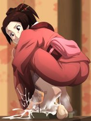 Rule 34 | absurdres, ass, back, barefoot, brown hair, closed mouth, cum, cum on body, cum on feet, eyelashes, feet, foot focus, footjob, from side, fuu (samurai champloo), hair ornament, highres, japanese clothes, kimono, meteorreb0rn, penis, pink kimono, ponytail, samurai champloo, sandaljob, sandals, short hair, smile, soles, squatting, testicles