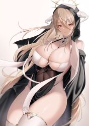 Rule 34 | 1girl, absurdres, azur lane, between breasts, black gloves, blonde hair, breast cutout, breasts, cleavage, cowboy shot, fake horns, gloves, hair between eyes, half gloves, halo, highres, horns, implacable (azur lane), large breasts, long bangs, long hair, looking at viewer, mechanical halo, nun, oxygen mask (oxygenmask233), pelvic curtain, red eyes, revealing clothes, simple background, solo, thighhighs, veil, very long hair, white horns, white thighhighs