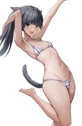 Rule 34 | 1girl, animal ears, arm behind head, armpits, arms up, bikini, black hair, blunt bangs, blush, breasts, brown eyes, cat ears, cat girl, cat tail, commentary, dark-skinned female, dark skin, facial mark, feet, final fantasy, final fantasy xiv, grey tail, groin, highres, leg up, long hair, looking at viewer, miqo&#039;te, navel, open mouth, ponytail, simple background, small breasts, solo, string bikini, striped bikini, striped clothes, swimsuit, tail, thighs, torisanff14, vertical-striped bikini, vertical-striped clothes, warrior of light (ff14), whisker markings, white background