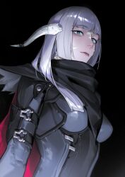 Rule 34 | 1girl, absurdres, au ra, black background, black scarf, blue eyes, blunt bangs, bodysuit, breasts, cape, closed mouth, commentary, commission, dragon girl, dragon horns, dutch angle, eyelashes, final fantasy, final fantasy xiv, grey hair, highres, hime cut, horns, limart, lips, long hair, looking at viewer, medium breasts, red cape, scales, scarf, simple background, solo, symbol-only commentary, upper body