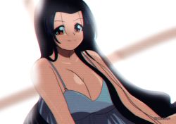Rule 34 | 1girl, absurdres, akkasayu, artist name, black hair, breasts, brown eyes, commentary, english commentary, from below, highres, large breasts, long hair, looking at viewer, original, retro artstyle, smile, solo, tank top, under covers
