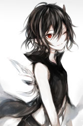 Rule 34 | 1girl, bare arms, black hair, black shirt, collared shirt, commentary request, demon girl, hair between eyes, hasunokaeru, head tilt, highres, horns, looking at viewer, one eye closed, original, parted lips, pointy ears, red eyes, shirt, single horn, sleeveless, sleeveless shirt, smile, solo, stitches, white background
