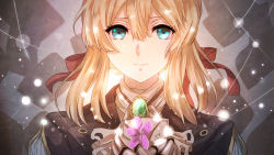 Rule 34 | 10s, 1girl, blonde hair, blue eyes, blue jacket, braid, brooch, close-up, dress, envelope, flower, hair between eyes, hair intakes, hair ribbon, hands on own chest, jacket, jan (lightdragoon), jewelry, letter, light particles, long sleeves, looking at viewer, prosthesis, prosthetic arm, prosthetic hand, red ribbon, ribbon, smile, solo, sparkle, violet (flower), violet evergarden, violet evergarden (series)