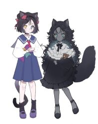 2girls animal_ears artist_name black_choker black_dress black_hair black_socks blue_hair blue_skirt cat_ears cat_girl cat_tail child choker commentary dark-skinned_female dark_skin double_bun dress eyelashes full_body green_eyes hair_between_eyes hair_bun heterochromia highres jikuno long_hair looking_at_viewer mole mole_under_eye multiple_girls original sailor_collar short_hair signature skirt slit_pupils socks standing stuffed_animal stuffed_toy tail teddy_bear white_background yellow_eyes