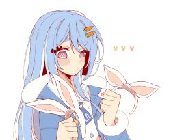 Rule 34 | 1girl, animal ears, blue hair, blue jacket, blush, carrot hair ornament, closed mouth, commentary, english commentary, fake animal ears, food-themed hair ornament, hair ornament, hairband, hands up, highres, hololive, jacket, long hair, no ears, pink eyes, rabbit ears, simple background, solo, symbol-shaped pupils, thick eyebrows, unexistarts, unworn hairband, upper body, usada pekora, usada pekora (casual), virtual youtuber, white background