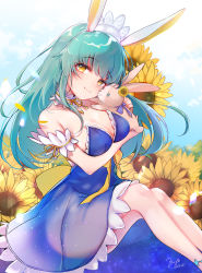 Rule 34 | 1girl, animal, animal ears, arm under breasts, bare shoulders, blue dress, blue eyes, blue sky, blush, breast hold, breasts, brown eyes, cleavage, closed mouth, cloud, commentary, dated, day, dress, english commentary, flower, green hair, head tilt, highres, long hair, medium breasts, original, outdoors, rabbit, rabbit ears, signature, sitting, sky, smile, solo, star (symbol), strapless, strapless dress, sunflower, yellow flower, yukimiya yuge