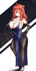 Rule 34 | 1girl, absurdres, bare shoulders, black footwear, black gloves, blue choker, blue dress, breasts, china dress, chinese clothes, choker, cleavage, closed mouth, collarbone, commission, dress, elbow gloves, floral print, gem, gloves, god eater, god eater 2: rage burst, hair between eyes, hand on own hip, hand on own chest, high heels, highres, huge breasts, jewelry, leah claudius, long hair, match (scp115), mole, mole under eye, multicolored hair, necklace, no bra, pantyhose, purple eyes, red hair, sagging breasts, skeb commission, smile, solo, standing, standing on one leg, thighs, two-tone hair, wide hips