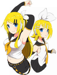 Rule 34 | 2girls, armpits, arms up, bare shoulders, blonde hair, blue eyes, bow, breasts, cosplay, costume switch, detached sleeves, dual persona, future style (module), hair bow, hair ornament, hairclip, headphones, headset, highres, kagamine rin, large breasts, leg warmers, long hair, looking at viewer, looking to the side, midriff, multiple girls, navel, necktie, nishikino kee, aged up, parted lips, ponytail, sailor collar, shirt, short hair, shorts, sideboob, sleeveless, sleeveless shirt, small breasts, smile, stretching, stretched limb, vocaloid, yellow neckwear