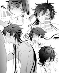 Rule 34 | 2boys, alternate hairstyle, bar censor, blush, censored, closed mouth, cum, cum in mouth, deepthroat, earrings, facial, fellatio, genshin impact, greyscale, hair between eyes, hair down, hand on another&#039;s head, highres, jewelry, long hair, male focus, moboj13, monochrome, multiple boys, multiple views, nipples, nude, one eye closed, open mouth, oral, penis, simple background, single earring, tassel, tassel earrings, tears, tongue, tongue out, yaoi, zhongli (genshin impact)