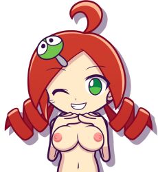 Rule 34 | 1girl, ahoge, andou ringo, breasts, drill hair, eyebrows, female focus, furii, green eyes, grin, hair ornament, hairclip, hand on breast, looking at viewer, medium breasts, nipples, nude, one eye closed, puyo puyo, puyopuyo, red hair, simple background, smile, solo, twin drills, upper body, wink