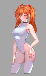 Rule 34 | 1girl, alternate breast size, artist request, bare shoulders, breasts, grey background, highleg, highleg swimsuit, long hair, medium breasts, navel, neon genesis evangelion, one-piece swimsuit, orange eyes, orange hair, shiny skin, smile, solo, souryuu asuka langley, standing, swimsuit, thighs, twintails, wet, white one-piece swimsuit