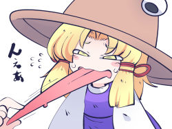 Rule 34 | 1girl, blonde hair, blush stickers, brown hat, chahan (fried rice0614), flying sweatdrops, hair ribbon, hat, long hair, long tongue, moriya suwako, one-hour drawing challenge, open mouth, purple skirt, purple vest, red ribbon, ribbon, shirt, simple background, skirt, sleeves past fingers, sleeves past wrists, solo, tongue, tongue out, touhou, tress ribbon, upper body, vest, white background, white shirt, wide sleeves, yellow eyes