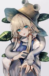 Rule 34 | 1girl, :p, absurdres, blonde hair, blue dress, brown hat, closed mouth, commentary, crossed bangs, dress, hair between eyes, hair ribbon, hands up, hat, head tilt, highres, long sleeves, looking at viewer, maho moco, moriya suwako, pinafore dress, plant, red ribbon, ribbon, ribbon-trimmed sleeves, ribbon trim, shirt, short hair with long locks, simple background, sleeveless, sleeveless dress, smile, snake, solo, tongue, tongue out, touhou, upper body, white background, white shirt, white snake, wide sleeves