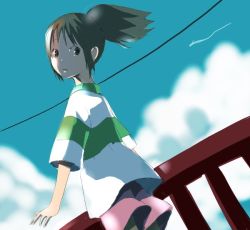 Rule 34 | 00s, 1girl, :o, blue sky, child, cloud, cowboy shot, day, dutch angle, from behind, looking at viewer, looking back, ogino chihiro, open mouth, outdoors, ponytail, power lines, railing, sen to chihiro no kamikakushi, shirt, short sleeves, side ponytail, sky, solo, standing, studio ghibli, t-shirt, taira tsukune