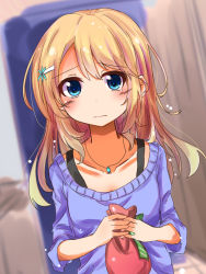 Rule 34 | 10s, 1girl, 3:, ayase alisa, bad id, bad pixiv id, blonde hair, blue eyes, casual, collarbone, hair ornament, hairclip, holding, jewelry, long hair, looking at viewer, love live!, love live! school idol project, necklace, pouch, sasahara wakaba, sketch, solo, tears