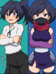 Rule 34 | 10s, 1girl, arrow (symbol), awa, ayame (gundam build divers), black hair, black neckwear, black skirt, black thighhighs, blue kimono, blush, closed mouth, commentary request, comparison, cowboy shot, crossed arms, detached sleeves, dress shirt, dual persona, frown, fujisawa aya (gundam build divers), gundam, gundam build divers, japanese clothes, kimono, looking at viewer, mask, medium skirt, mouth mask, neck ribbon, ninja, ninja mask, partial commentary, partially translated, pleated skirt, ponytail, purple eyes, red scarf, ribbon, scarf, shirt, short hair, short kimono, skirt, sleeveless, sleeveless kimono, standing, swept bangs, thighhighs, translation request, white shirt