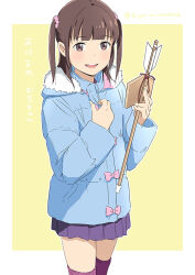 Rule 34 | 1girl, arrow (projectile), brown eyes, brown hair, commentary request, cowboy shot, ema, hamaya, hiyori mizuki, holding, holding arrow, jacket, looking at viewer, new year, open mouth, original, purple skirt, purple thighhighs, skirt, smile, solo, thighhighs, two side up, winter clothes