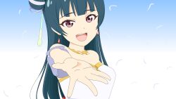 Rule 34 | 1girl, :d, absurdres, babmouse, bare shoulders, blue background, blue hair, choppy bangs, collarbone, commentary, detached sleeves, dress, earrings, english commentary, far far away (love live!), genjitsu no yohane, gradient hair, hair bun, head tilt, highres, jewelry, long hair, looking at viewer, love live!, love live! sunshine!!, making-of available, microsoft paint (medium), mixed-language commentary, multicolored hair, necklace, open mouth, reaching, reaching towards viewer, red eyes, shadow, sidelocks, single earring, smile, solo, star (symbol), star necklace, strapless, strapless dress, tsushima yoshiko, upper body, white background, yohane (genjitsu no yohane)