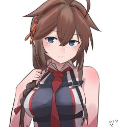 Rule 34 | 1girl, ahoge, black gloves, blue eyes, braid, brown hair, chest harness, gloves, hair flaps, hair ornament, hair over shoulder, harness, highres, kantai collection, looking at viewer, multicolored clothes, natsukaze shigure, necktie, off shoulder, red necktie, school uniform, serafuku, shigure (kancolle), shigure kai san (kancolle), simple background, single braid, smile, solo, upper body, white background