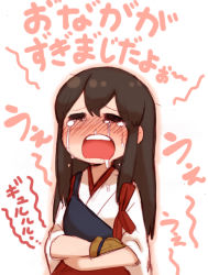 Rule 34 | 10s, 1girl, akagi (kancolle), blush, brown hair, crying, fumitan (humitan), gloves, hungry, japanese clothes, kantai collection, kimono, long hair, muneate, open mouth, partially fingerless gloves, partly fingerless gloves, saliva, saliva trail, single glove, snot, snot trail, solo, stomach growling, tears, teeth, translation request, yugake