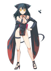 Rule 34 | 1girl, animal ears, bikini, black bikini, black choker, black footwear, black hair, choker, closed mouth, color guide, contrapposto, earrings, full body, high heels, japanese clothes, jewelry, kimono, long hair, long sleeves, looking at viewer, monster hunter (series), nargacuga, obi, ohta yuichi, orange eyes, pelvic curtain, personification, sash, simple background, solo, standing, swimsuit, tail, white background, wide sleeves