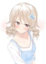 Rule 34 | 10s, 1girl, blue dress, blush, breasts, brown eyes, buttons, closed mouth, collarbone, dress, drill hair, flower, from above, hair flower, hair ornament, idolmaster, idolmaster cinderella girls, jiino, light brown hair, long hair, looking at viewer, morikubo nono, shirt, short sleeves, small breasts, solo, undershirt, upper body, white background, white shirt