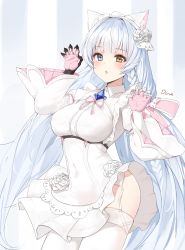 Rule 34 | 1girl, absurdres, animal ears, artist name, blue eyes, blunt bangs, blush, braid, breasts, brown eyes, cat ears, cat girl, clothes lift, commentary request, dorok, dress, dress lift, flower, garter straps, gem, hair flower, hair ornament, hands up, heterochromia, highres, juliet sleeves, large breasts, last origin, long hair, long sleeves, looking at viewer, maid headdress, open mouth, paw pose, perrault (last origin), puffy sleeves, rose, solo, striped, striped background, thighhighs, very long hair, white dress, white flower, white rose, white thighhighs, wind, wind lift, yellow eyes