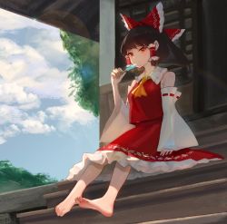 Rule 34 | 1girl, barefoot, bow, brown hair, crexby, detached sleeves, dress, feet, female focus, food, hair bow, hakurei reimu, highres, japanese clothes, looking at viewer, popsicle, red dress, shade, shrine, sitting, sky, smile, soles, solo, stairs, summer, sunlight, toes, touhou, tree