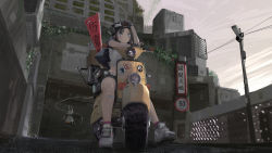 Rule 34 | 1girl, bandaid, bandaid on leg, blue eyes, box, building, calico, cat, closed mouth, commentary request, crop top, facing viewer, fence, fingerless gloves, flag, from below, garage, gloves, hand on headwear, helmet, highres, house, jacket, jacket on shoulders, looking at viewer, midriff, motor vehicle, original, outdoors, paindude, plant, power lines, railing, riding, road, road sign, scenery, scooter, shirt, shoes, short sleeves, shorts, sign, sitting, sky, sneakers, solo, utility pole, white footwear, white shirt