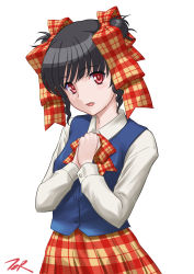 Rule 34 | 1girl, black hair, blue vest, bow, commentary request, cowboy shot, double bun, doukyuusei 2, doukyuusei another world, hair bun, hair ribbon, highres, looking at viewer, narusawa yui, plaid, plaid bow, plaid ribbon, plaid skirt, pleated skirt, red eyes, ribbon, school uniform, short hair, simple background, skirt, solo, t2r, vest, white background, yellow skirt