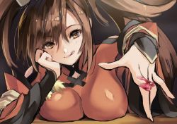 Rule 34 | 1girl, breasts, brown eyes, brown hair, commentary, covered erect nipples, guilty gear, hand on own cheek, hand on own face, hand up, jako (toyprn), kuradoberi jam, large breasts, lips, long hair, shiny clothes, simple background, solo, tongue, tongue out, upper body, wide sleeves